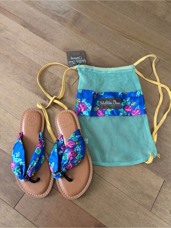 Matilda Jane Other - Matilda Jane Blue Floral Kids Sandals Flip Flops with Floral Drawstring Bag